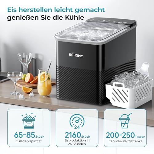 Bild 2 - EUHOMY Eiswürfelmaschine, Kompaktes Design, Ein-Knopf-Einstellung, 9 Eiswürfel in 2 Größen, Automatische Reinigung, Intelligente Warnungen, transparenter Deckel, schwarz, für Büro/Küche/Schlafzimme