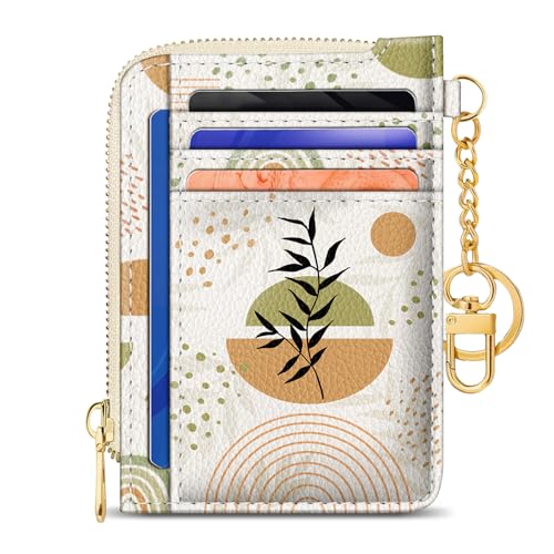 Image of GIANCOMICS Slim Wallet Credit Card Holder Women, Abstract Leaf Rfid Blocking Small Card Case, Keychain Thin Pocket Curved Zipper Wallet, Travel Card Holder PU Leather ID Window, Ladies Female Gifts