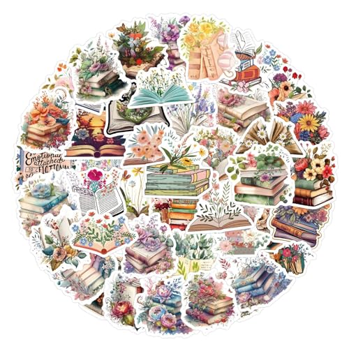 60Pcs Book Flower Stickers，Aesthetic Sticker for Water Bottles Laptop Bumper Computer Notebook,Kids Teens Girls Adults Gifts (Flower Books)