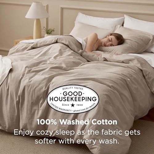 Image of Bedsure 100% Washed Cotton Duvet Cover Full Size - Tannish Linen Grey Minimalist Bedding Set 3-Piece - PureWoven Plain Simple & Soft Comforter Cover for All Seasons (Tannish Linen Grey, Full, 80 inchx90 inch)