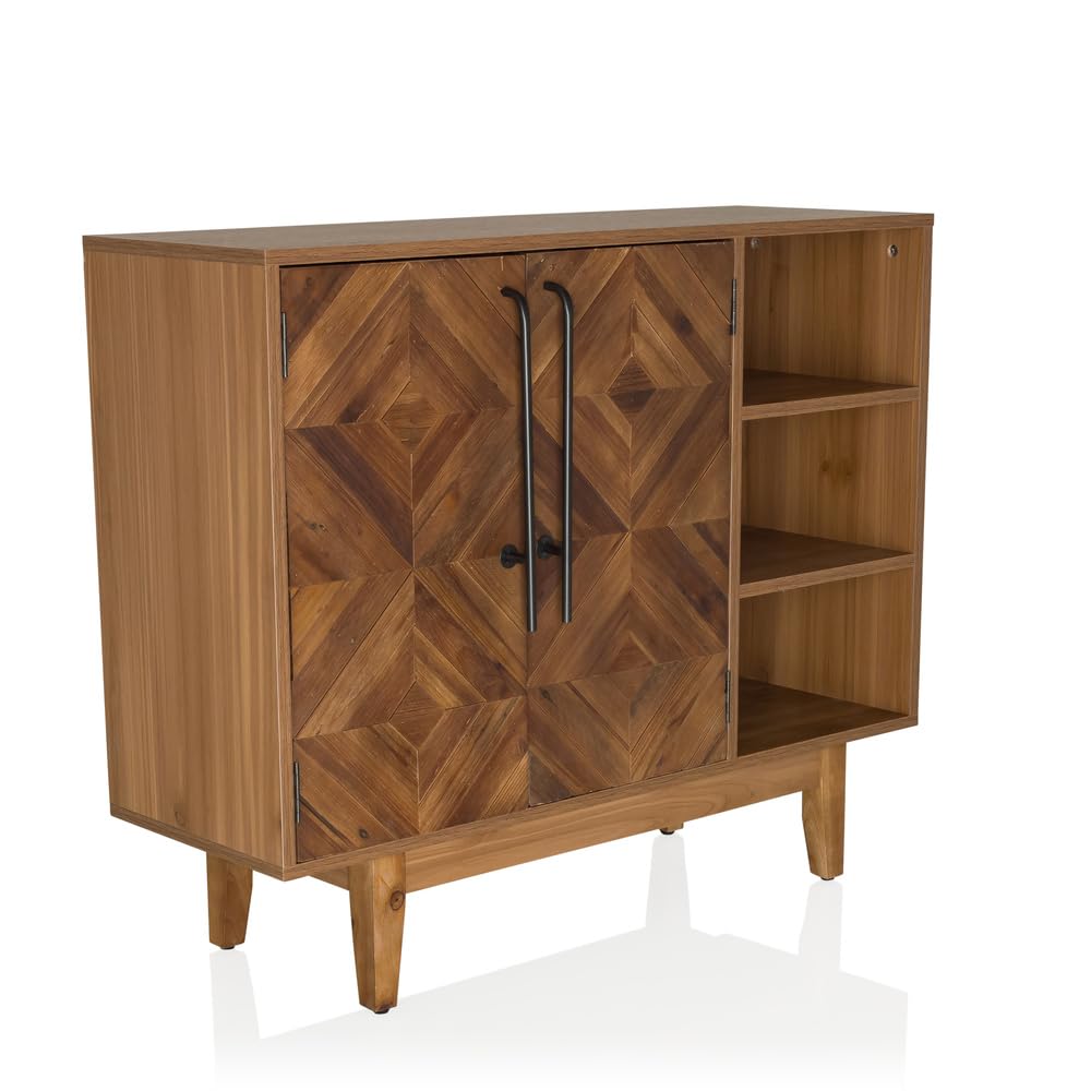 Cómoda de Madera con Aspecto de Espiga SANTJAGO Wood L Cómoda con 2 Puertas y 3 Compartimentos Abiertos, Mueble de almacenaje 95 x 32 x 79,5 cm
