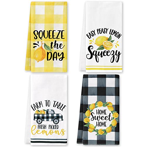 Vansolinne Lemon Kitchen Towels Lemonade Summer Tea Towels Yellow Black Buffalo Plaid Squeeze The Day Farmhouse Absorbent Dishcloths For Cleaning Drying Cooking Baking Set Of 4 #TOP23