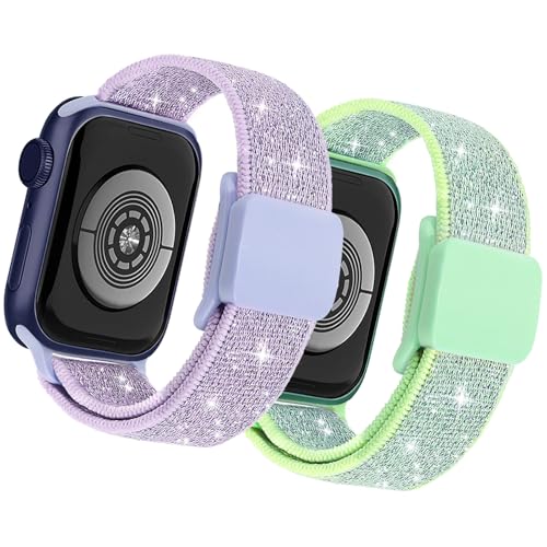 sylacor Stretchy Bands Compatible with Kids Apple Watch Band 38mm 40mm 41mm 42mm 44mm 45mm 46mm 49mm, Soft Elastic Glitter Strap for iWatch Series 10 9 8 7 6 5 4 3 SE SE2 Girls Boys (Teal+Purple, 44/45/46/49/42mm(Series 3 2 1))