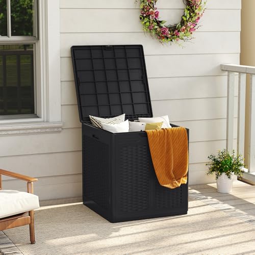 GOPLUS Coffre de Jardin Exterieur Etanche 145 L avec Couvercle Verrouillable, Design Rotin, Poignées Latérales, Boîte Banc de Rangement Jardin pour Outils, Coussins,...