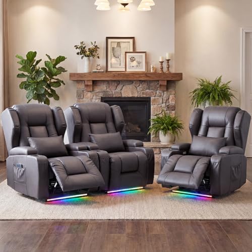 Image of Oprisen Wall Hugger Power Recliner Chair Set of 3, Overstuffed Home Theater Seating w /Heat Massage Electric Movie Gaming Sofa Reclining Sleeper Chair with LED Light /Lumbar Pillow /Cup Holders