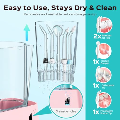 Image of COSLUS E2 Advanced Water Dental Flosser Teeth, 2 Modes 12 Pressure Settings | Electric Pick for Orthodontic, Braces, Sensitive Gums - Home Use, 5 Jet Tips for Multiple Family Users, Pink, Standard Set