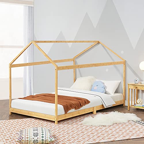 [en.casa] Cama Infantil Vindafjord en Forma de Casa Cama para Niños con Somier 90 x 200 cm Carga Máx. 200 kg Bambú 205 x 96 x 134 cm - Color Natural