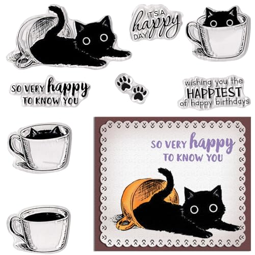 Coffee Cat Clear Stamps for Card Making and Journaling, Tea Cup Rubber Stamps Kitty Paw Gift Stamps for Scrapbooking DIY Cards Album Crafts