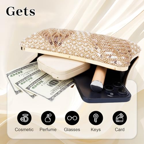 Image of Gets White Pearl Clutch Purses for Women Wedding Bride Evening Bag Formal Party Clutches Tote Handbag Prom Shoulder Bags