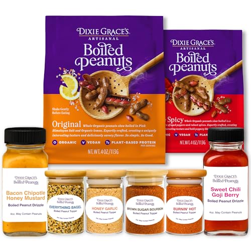Dixie Grace’s Boiled Peanuts Starter Kit – Protein Plant-Based Snack, Original & Hot & Spicy Boiled Peanuts Pouches with 6 Premium Toppers | 7g Protein, Gluten-Free, Keto, Non-GMO, No Preservatives