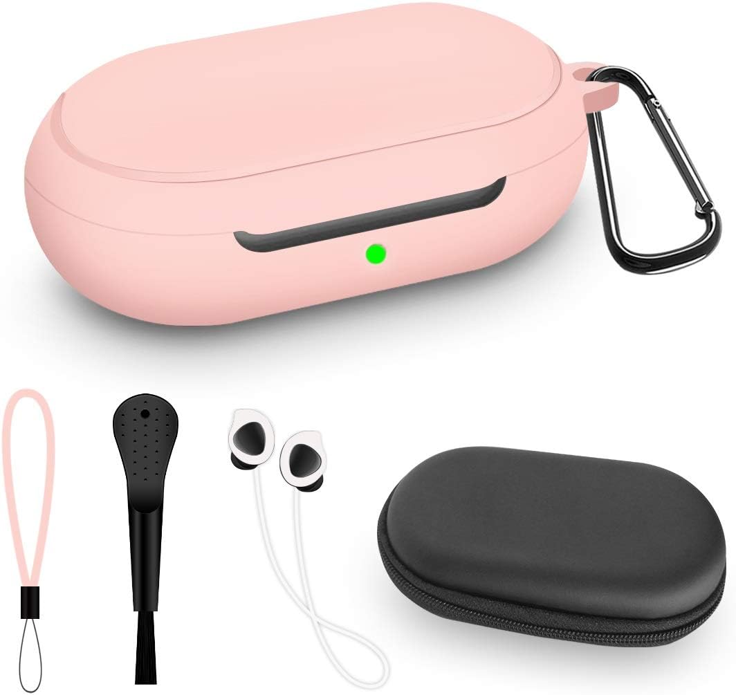 WQNIDE Protective Case for Samsung Galaxy Buds/Plus +, Accessories Set Silicone Cover, Anti Shock with /Keychain/Anti-Lost lanyards/Clean Brush/ Box for Samsung Galaxy 2020 (Pink 6 in 1)
