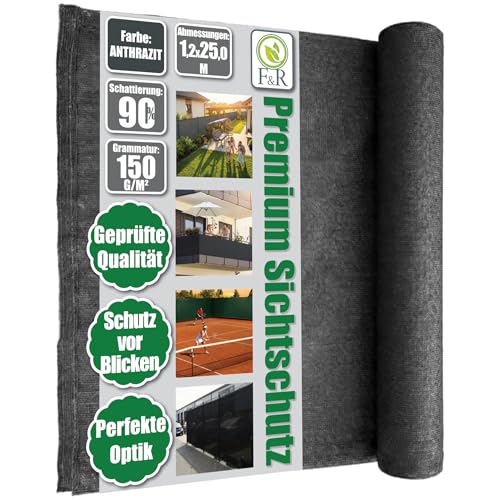F & R Sichtschutz Garten Zaunblende I Sichtschutz Zaun I Schattiernetz Antrazit PE 1,2m x 25m 150g/m² I Sichtschutzmatte Für Zaun Gartenzaun Gartensichtschutz UV-Stabil Wetterfest