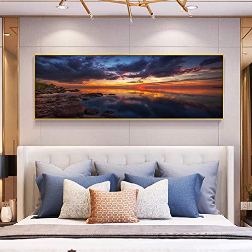 Affiche Toile Paysage Coucher de Soleil et Lac Naturel pour Décoration Murale Scandi 60x180cm