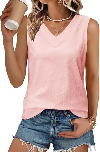 Dookttker Womens Cotton Linen Tank Tops V Neck Casual Cami Sleeveless Blouses Basic Shirt Summer Clothes Fashion Outfits Pink