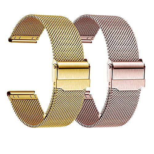 LBCS No Gaps Metal Strap, 2 Pack Band with Clips Solid Stainless Steel Bracelet for Most watches and smart watches ,Samsung/Huawei/Apple Watch/OPPO Smartwatch, 18mm,20mm,22mm,24mm Metal Bands Compatible (Gold + Rose Gold, 16mm)