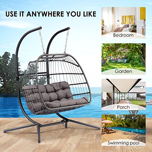 Double Egg Chair with Stand - 2 Person Hanging Egg Chair - Hand Made Rattan Wicker Egg Swing Chair Hammock Chair with UV Resistant Cushion & Aluminum Frame Indoor Outdoor (Dark Grey)