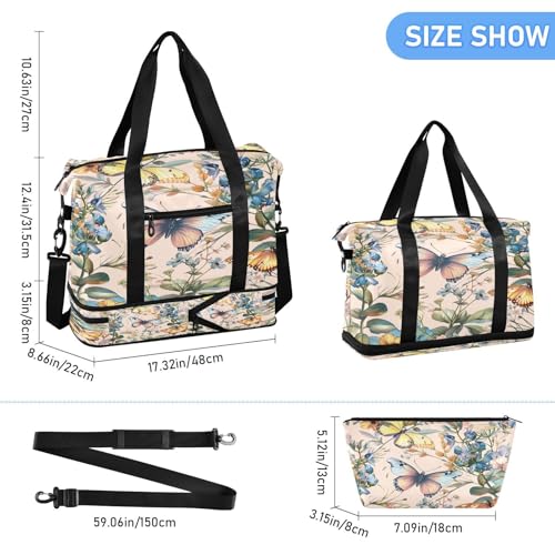 Vintage Watercolor Floral Gym Bag for Women Sport Travel Duffel Bag Shoulder Weekender Overnight Bags with Wet Pocket & Shoe Compartment3