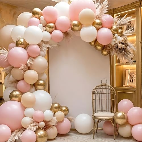 Image of Pink, White and Sand White Balloon Garland Arch Kit with Gold Chrome Balloons, 59 Pcs, for Birthday and Anniversary Decoration