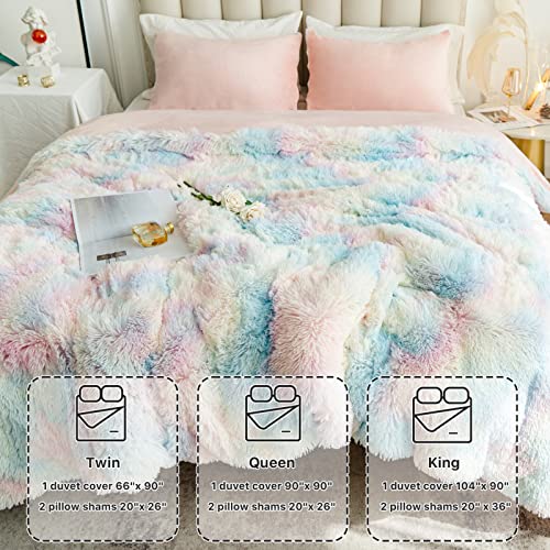 Choshome Plush Shaggy Duvet Cover Set King Size, Tie Dye Fluffy Faux Fur Comforter Cover Set, Fuzzy Flannel Bedding Set, 3 Pieces (1 Furry Duvet Cover + 2 Pillow Shams), Zipper Closure, Rainbow #TOP6