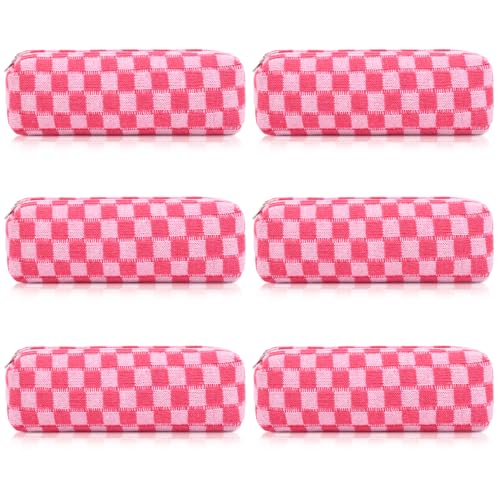 6 Pcs Checkered Makeup Bag Preppy Cosmetic Bag Bulk Makeup Pouch Personalize Travel Toiletry Bag Organizer Cute DIY Makeup Brushes Storage Bag for Women Rose red