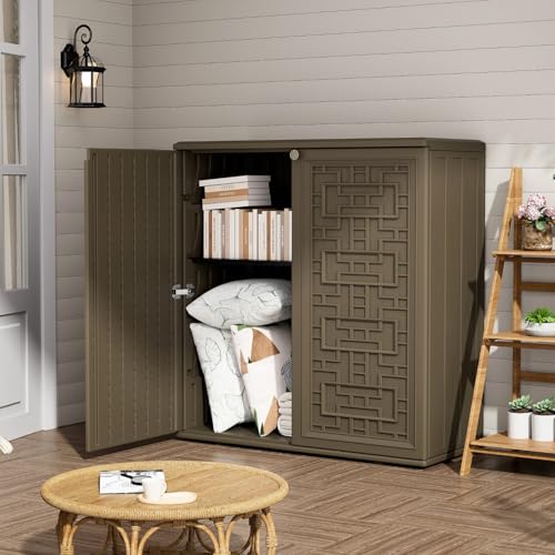 ZZM HDPE Outdoor Storage Shed, Outdoor Plastic Storage Cabinet, Horizontal Resin Tool Shed for Garden, All Weather Outdoor Storage Clearance, DIY Usage, with one Shelf (Coffee) - Image 2