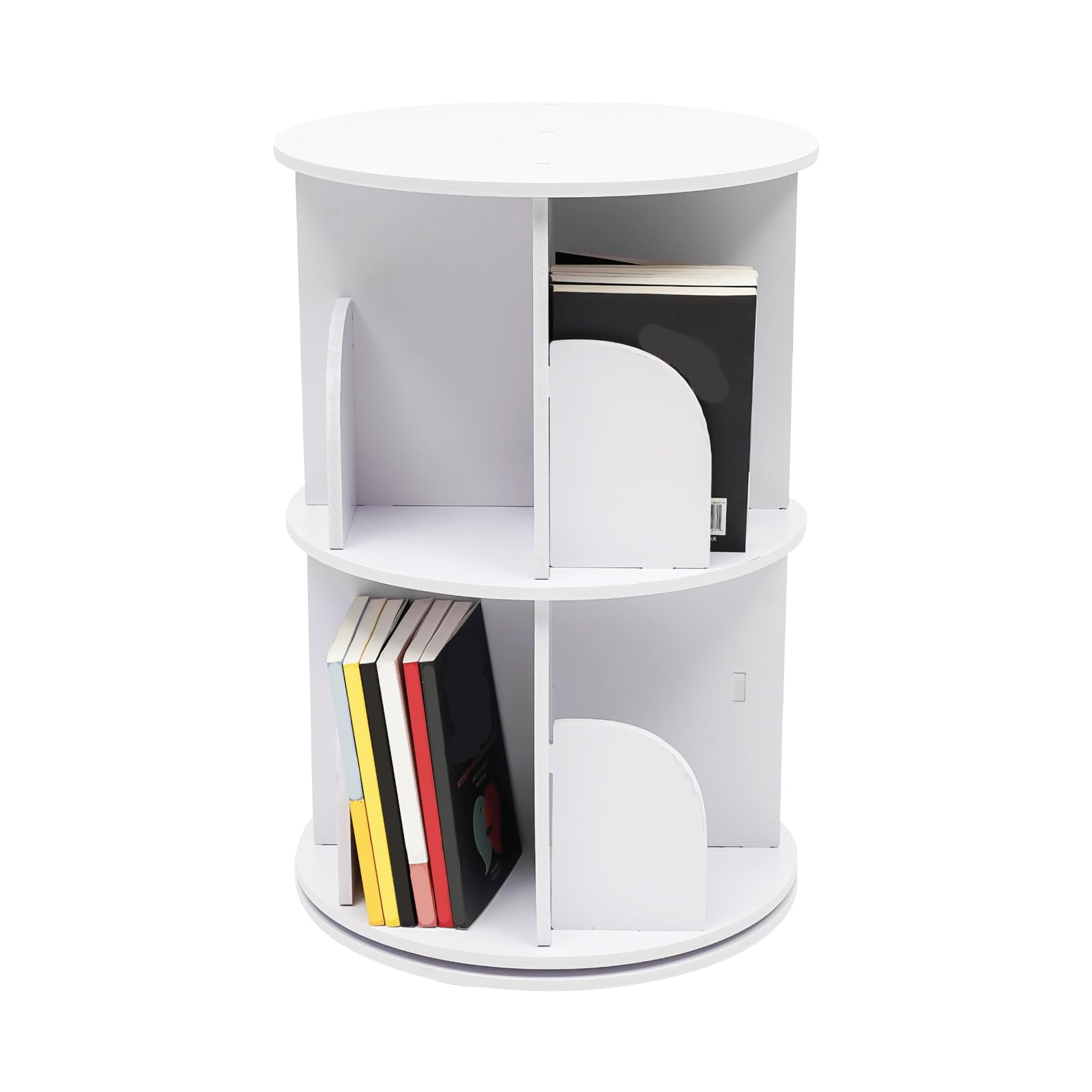 JAYEUW Rotating Bookshelf 2 Tier Bookcase 360 Display White Bookshelf Organizer for Kids&Adults Floor Standing Small Bookshelf for Kids Room Bedroom