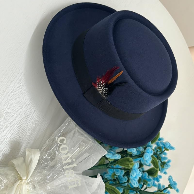Classic Pork Pie Hat with Feathers Flat Top Fedora, Vintage Panama Hats, Warm Comfortable Jazz Cap - Image 5