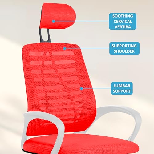 Image of Casa Copenhagen,Mesh Office Desk Chair,Rocking Chairs Ergonomic Computer Chair Adjustable High with Headrest and Comfortable Armrest Swivel Chair - Red & White Handle