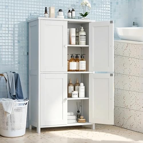 Vongrasig Bathroom Storage Cabinet, Small Bathroom Floor Cabinet with 4 Doors and Adjustable Shelves, Freestanding Modern Cabinet for Entryway, White