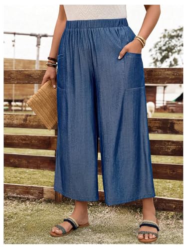 Women's Plus Size Elastic Waist Pants Wide Leg Classic Casual Cropped Trousers with Pockets3