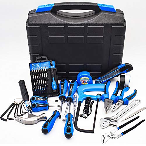 Holiday Deals 🛒 58 Piece Household Tool Set with Plastic Blow Molded Case, Most Reached Hand Tools for Home/Office/Garage Repair, Incl. Pliers / Adjustable Wrench / Screwdriver / Claw Hammer / Hack Saw / Tape Measure