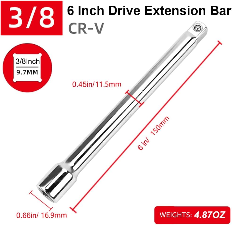 Resze 3 PCS 3/8" Drive Impact Extension Bar Set ,3"(76mm), 6"(152mm),10"(254mm) Extensions Socket Sets ,Cr-V Steel, Anti-Rust, Zero Torque Loss - Heavy-Duty for Auto/Mechanical Tools（Silver）