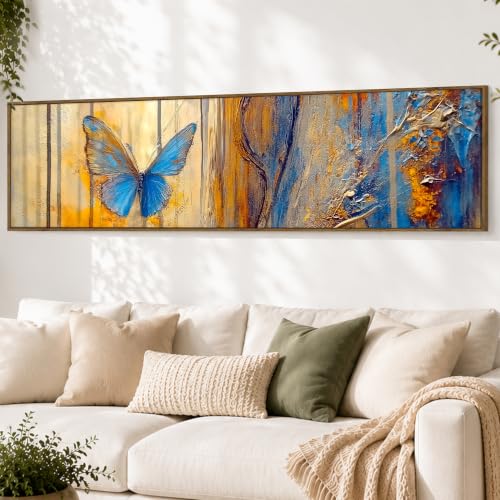 Image of Large Canvas Painting Panel Framed Wall Painting Abstract Blue Butterfly Framed Luxury Paintings for Home Decoration, Living room, Bedroom and Office Decoration - Blue, 13x47 Inch