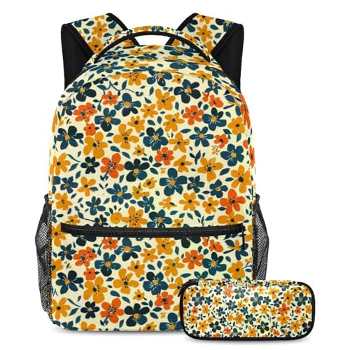 Sac à dos vintage à motif de petites fleurs Large avec trousse à crayons pour écolier