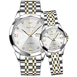 OLEVS Romantic Couple Pair Automatic Watches His and Her Couple Set Diamond Wrist Watch Men and Women Lovers Wedding Romantic Gifts White Face White Strap