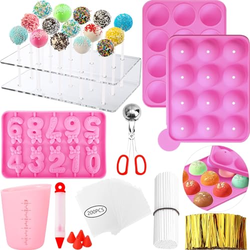 GZMAISULEE Cake Pop Molds Kit 610PCS Lollipop Cake Pop Maker Set with Cake Pop Stand, Cake Pop Sticks and Wrappers, Decorating Pen, 4 Piping Tips, Measuring Cup, Pink
