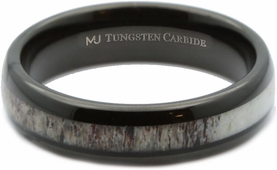 Custom Engraved 6mm Deer Antler Inlay Black Plated or Polished Tungsten Carbide Comfort Fit Ring