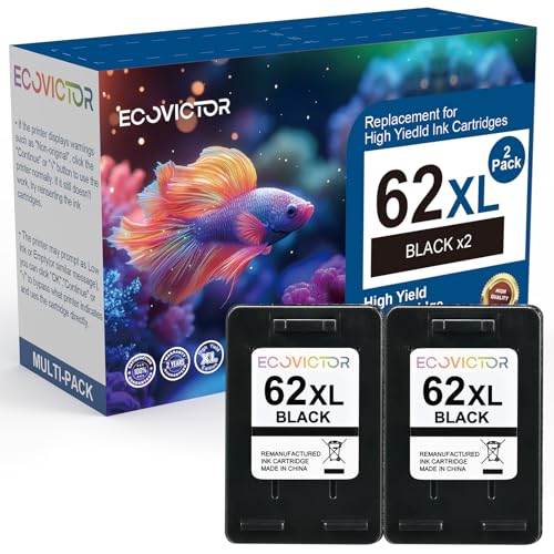 EcoVictor Remanufactured 62XL Ink Cartridges (2 Black) Compatible for HP Ink 62 62XL HP62 for Envy 5540 5542 5545 5640 5642 5660 5665 7640 7645 OfficeJet 5740 5742 5745 8000 8040 200 250 Printer 62 XL