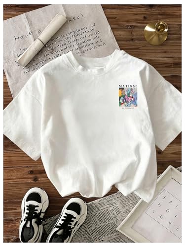 Image of RoseSeek Women's Graphic Letter Tee Crew Neck Drop Shoulder Trendy Summer T Shirt Short Sleeve Vintage Car Print Top