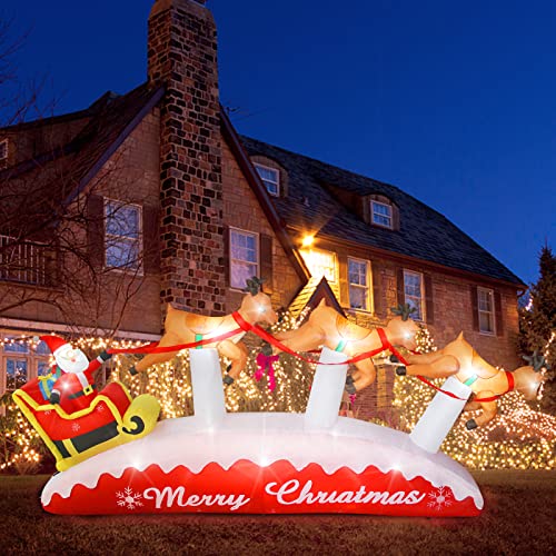 10 Ft Christmas Decoration Outdoor Yard Inflatables Blow Up Reindeer Pulling Sleigh And Santa Claus, Giant Led Inflatable Christmas Decorations For Outdoor Yard Garden #TOP1