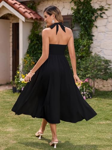 Image of Parthea Women's Gingham Halter V Neck Midi Dress Corset Smocked Sundress Flowy A Line Wedding Guest Dresses