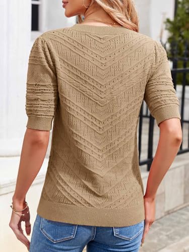 Image of Womens Puff Short Sleeve Sweater Summer Crew Neck Ribbed Knit Pullover Tops