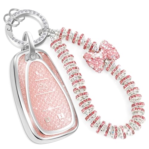 Image of for Chevy Key Fob Cover with Fashionable Zirconia Wristlet KeyChain, Enchanting Diamond Patterns Soft Case for Malibu Equinox Blazer Traverse Volt Bolt Sonic (5 Buttons) Shell (Pink, B)