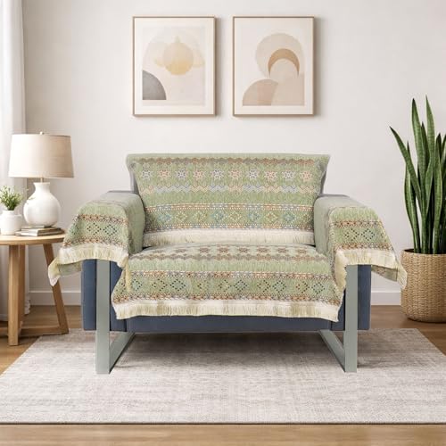 Image of Elegant Woven Green Sofa Cover Soft Chenille Traditional Pattern with Lace Style | L-Shape Sectional Seat Protector for Living Room | Durable & Stylish Slipcover 1 Seater with Arms