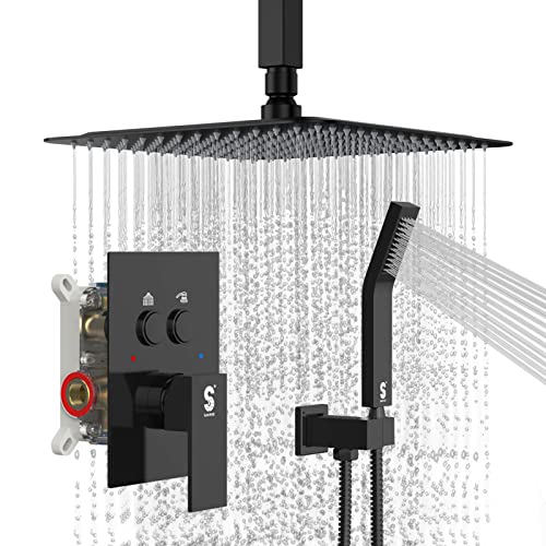 SR SUN RISE Ceiling Mounted Shower System with Push Button Diverter, Luxury 10 Inch Rain Shower Head with Handheld Spray, High Pressure Shower Faucet Combo Set with Rough-in Valve, Matte Black SR SUN RISE Ceiling Mounted Shower System with Push Button Diverter, Luxury 10 Inch Rain Shower Head with Handheld Spray, High Pressure Shower Faucet Combo Set with Rough-in Valve, Matte Black