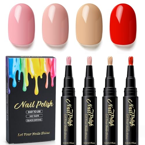 Nail Polish Pen Set 4 Colors | Red Naked Pink Soft Pink Apricot | Quick Dry Nail Art Pens | No UV Lamp Needed | Water Based Nail Art Paint | Easy Control Brush Tip for Women DIY Manicure | 5ML Each