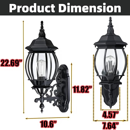 Image of 23 Inch Vintage Black Wall Sconce - Large Black Outside Light for House, Die-cast Aluminum and Glass Extra Large Outdoor Wall Light for Porch Garage Outdoor Lighting 23 inch Exterior Porn Lantern,E26
