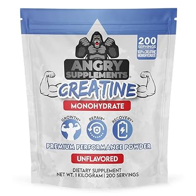 Angry Supplements Creatine Monohydrate 200 Mesh Premium Performance Unflavored Powder - Pure Muscle Fuel for Strength and Workout Endurance for Men and Women (1 Kilo, 200 Servings)