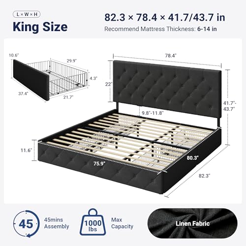 Image of Allewie Upholstered King Size Platform Bed Frame with 4 Storage Drawers and Headboard, Diamond Stitched Button Tufted, Mattress Foundation with Wooden Slats Support, No Box Spring Needed, Dark Grey