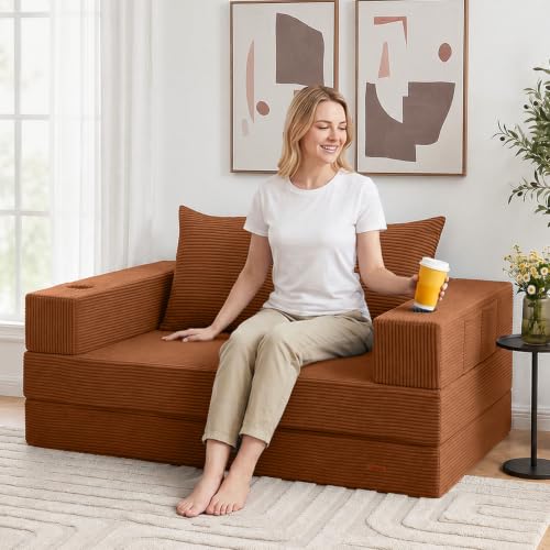 Image of COMAX Futon Sofa Bed, 4‑in‑1 Convertible Sofa Bed, Folding Boneless Couches | Boneless Couch for living room, Fold Out Small Foldable Loveseat Floor Sleeper Mattress Lounge Space‑Saving, Orange